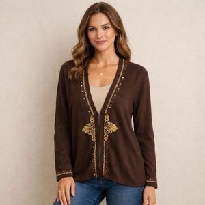 Karen Kane Silk Blend Beaded Brown Cardigan Sz L